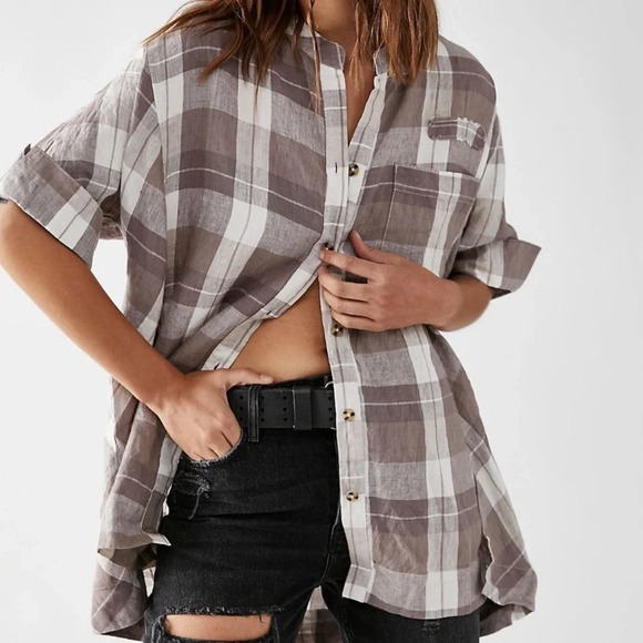 We The Free Plaid Short Sleeve Top - Brown and White - Picture 1 of 3